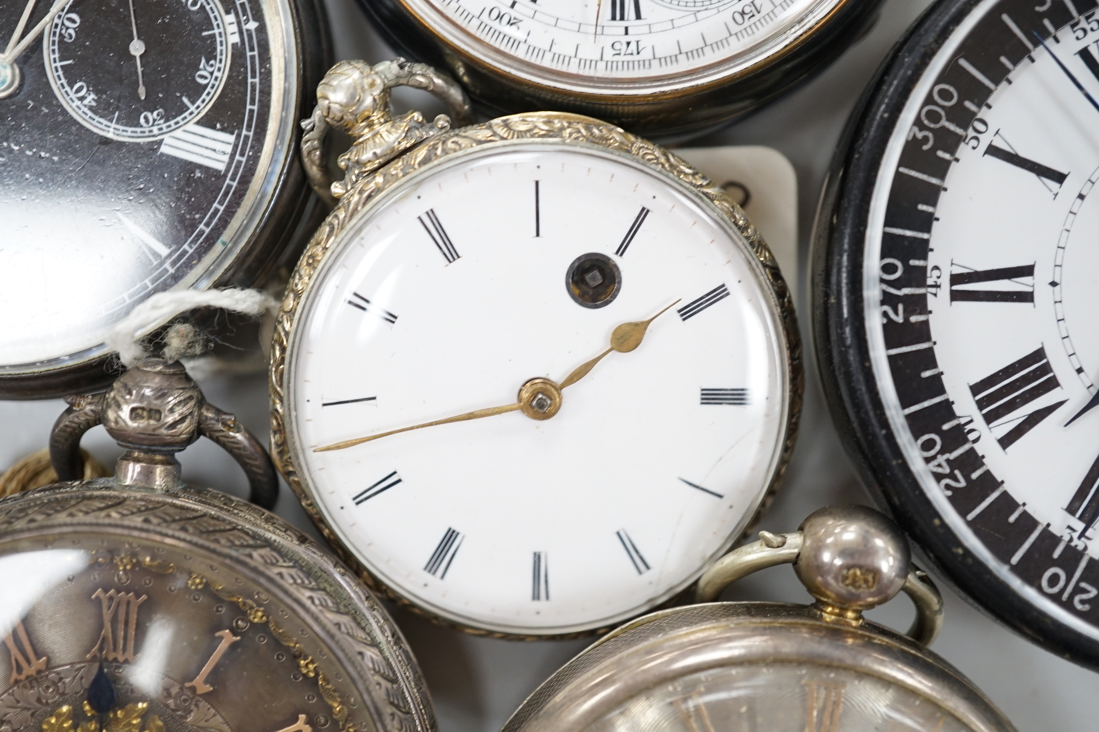 Ten assorted silver or base metal pocket watches including John Walker black dial and a deck watch by H. Golay & Son.